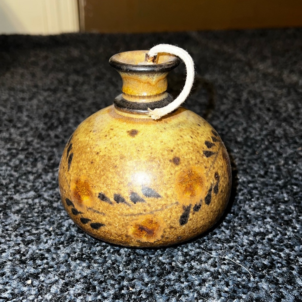 Vintage Stoneware Floral Pottery Vase/ Clay Oil Lamp